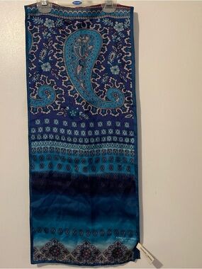 Adrienne Landau Paisley Pattern Rectangular Blue Silk Scarf 52x11 Inches